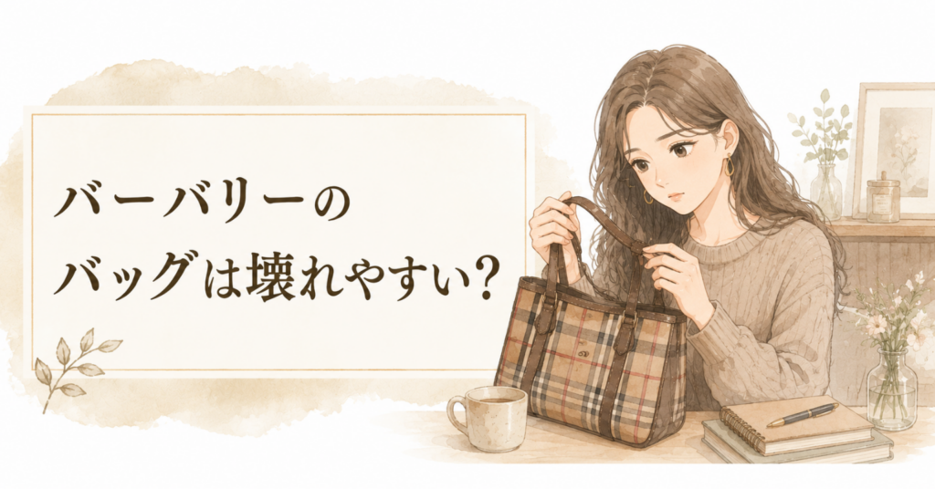 バーバリーのバッグの持ち手部分を確認している女性のイラスト
