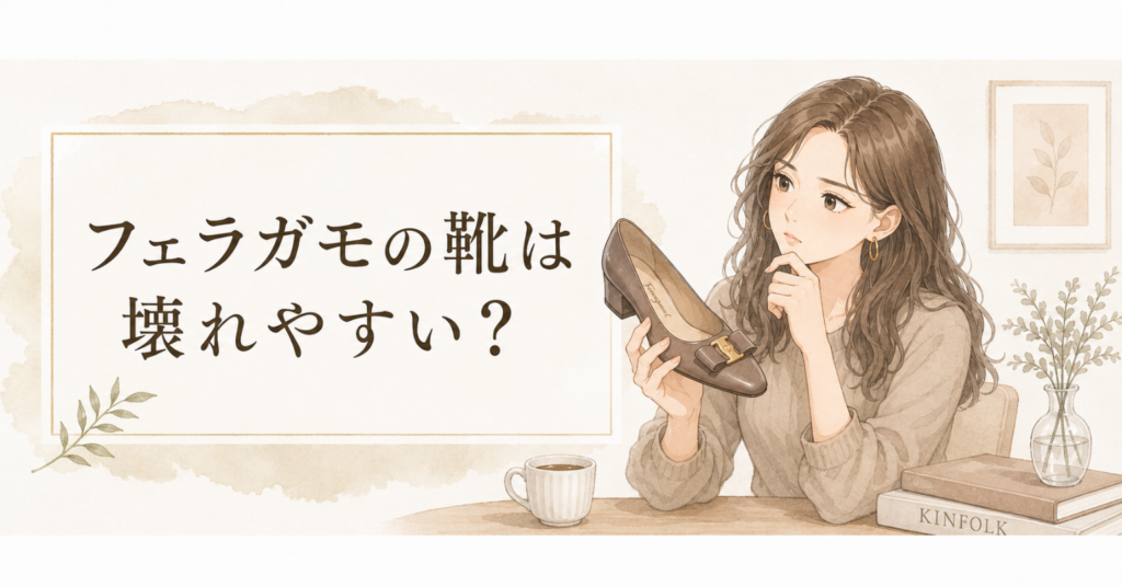 フェラガモの靴を手に取り、壊れやすさや状態を確認している女性のイラスト