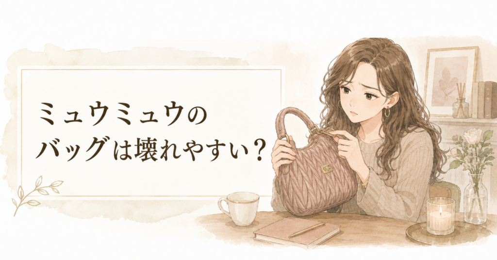 ミュウミュウのバッグの金具や持ち手の状態を確認している女性のイラスト