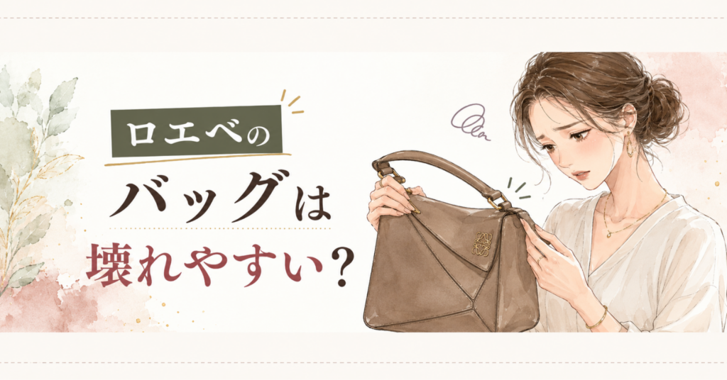 ロエベのバッグの持ち手付け根や表面の状態を確認している女性のイラスト