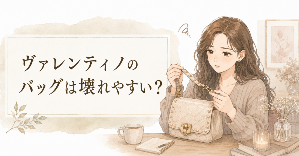 ヴァレンティノのバッグのスタッズ付きストラップや金具を確認している女性のイラスト